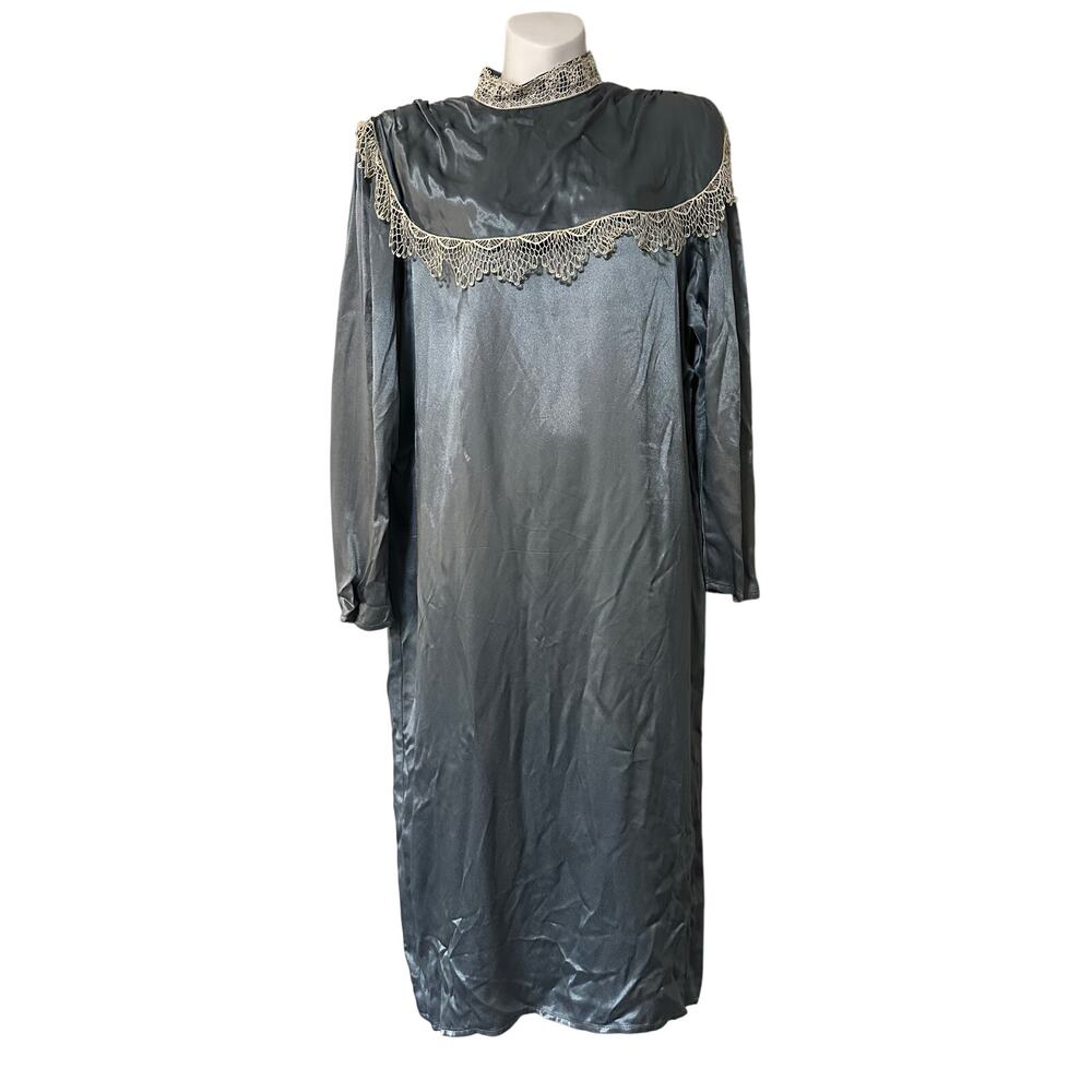 Vintage Gunne Sax Jessica McClintock Blue Satin Dress Lace Long Sleeve Midi M L